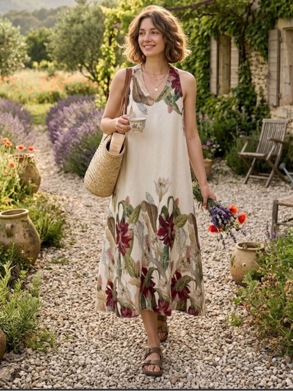 MADE IN ITALY 109% Linen Sleeveless Floral Border Midi Dress